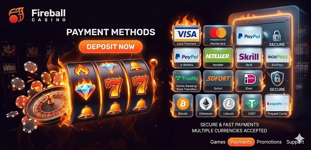 Fireball Casino fizetési módszerek logói és tranzakciós idők